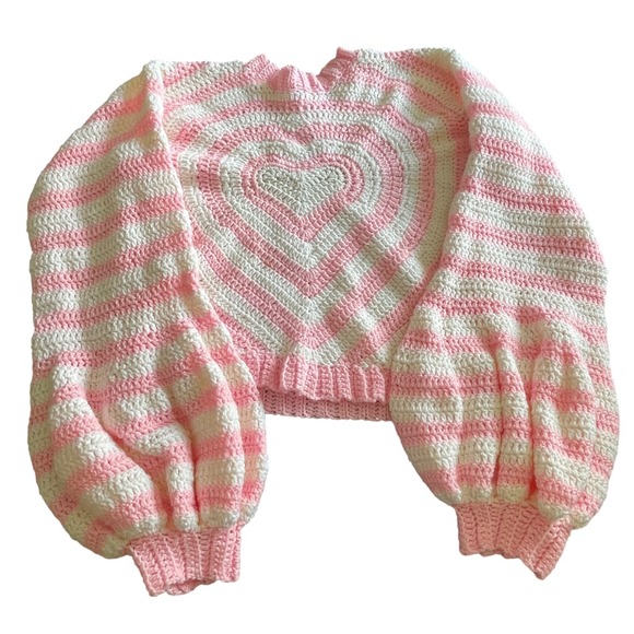 Handmade Sweaters - Handmade Pink‎ White Heart Crochet Sweater Striped Balloon Sleeve Oversized Boho